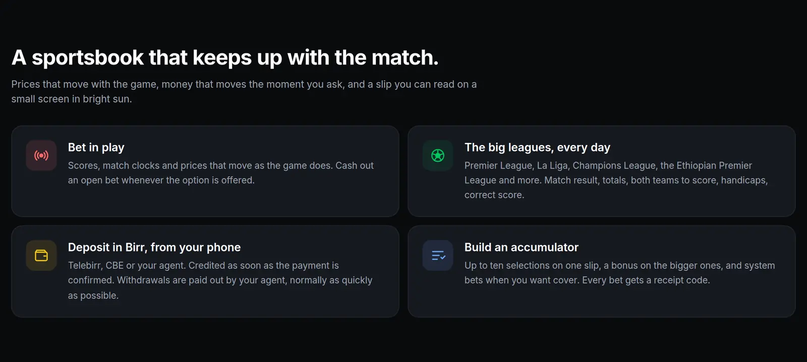 BetJocker feature overview: bet in play, the big leagues every day, deposit in Birr from your phone, build an accumulator
