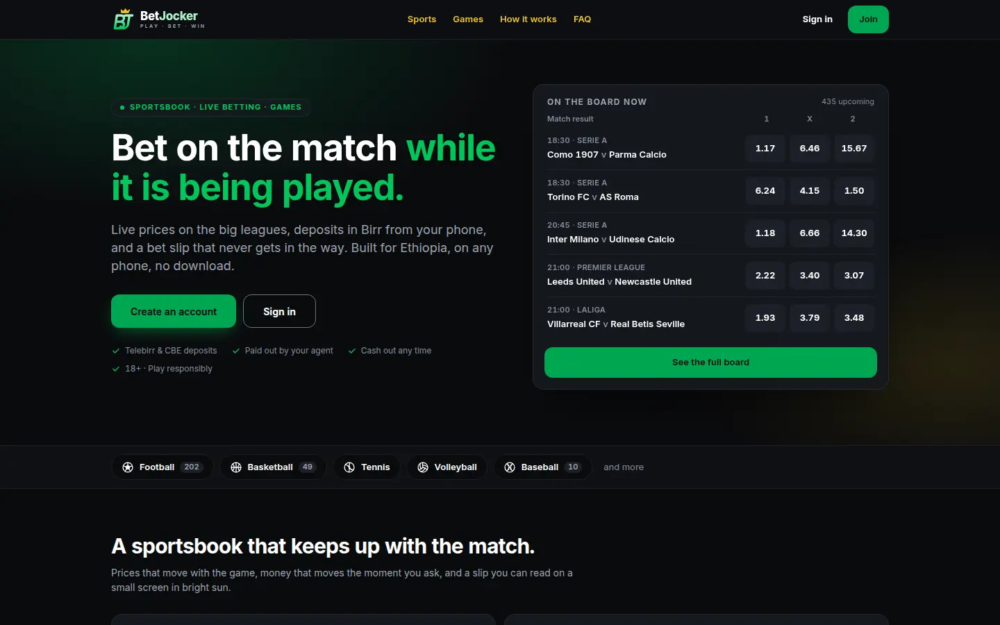 BetJocker homepage showing the live odds board with Serie A, Premier League and La Liga matches