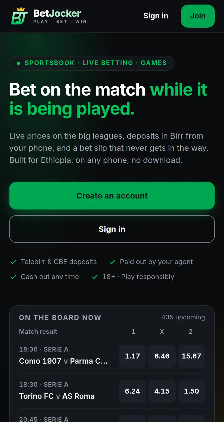 BetJocker on a phone: hero, create-account button and the live odds board