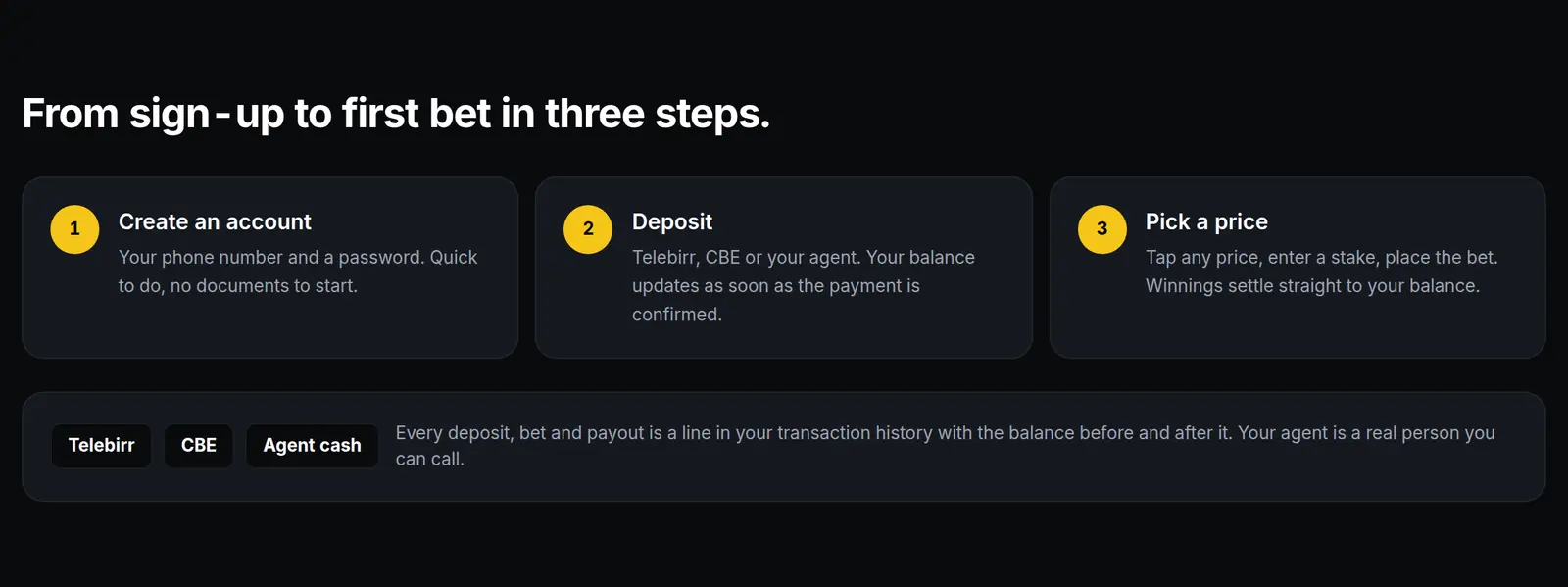 BetJocker onboarding: create an account, deposit via Telebirr, CBE or agent, pick a price